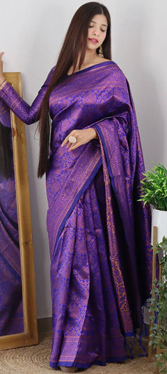 Festive, Traditional Blue color Saree in Banarasi Silk fabric with South Weaving work : 1972965