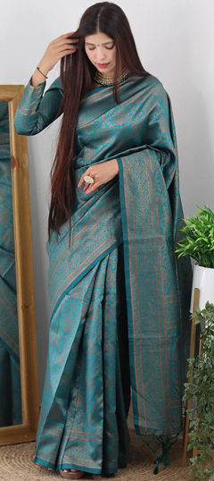 Festive, Traditional Green color Saree in Banarasi Silk fabric with South Weaving work : 1972966