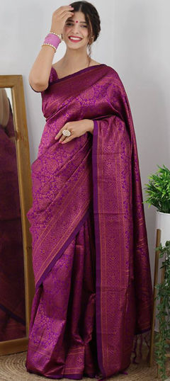 Festive, Traditional Purple and Violet color Saree in Banarasi Silk fabric with South Weaving work : 1972967