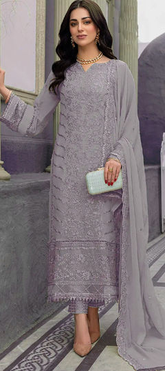 Black and Grey color Salwar Kameez in Faux Georgette fabric with Embroidered, Resham, Thread work