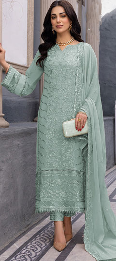 Green color Salwar Kameez in Faux Georgette fabric with Embroidered, Resham, Thread work