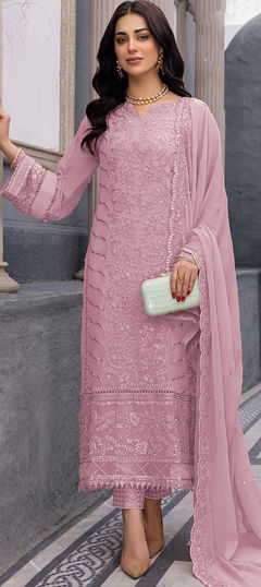 Purple and Violet color Salwar Kameez in Faux Georgette fabric with Embroidered, Resham, Thread work