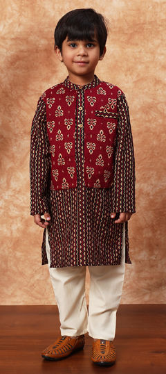 Red and Maroon color Boys Kurta Pyjama with Jacket in Cotton fabric with Printed work