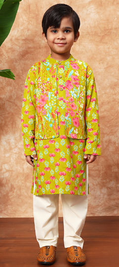 Green color Boys Kurta Pyjama with Jacket in Cotton fabric with Floral, Printed work