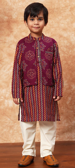 Red and Maroon color Boys Kurta Pyjama with Jacket in Cotton fabric with Printed work