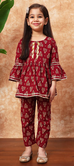 Red and Maroon color Girls Top with Bottom in Cotton fabric with Gota Patti, Printed work