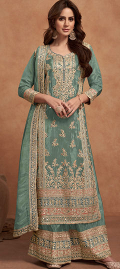 Bollywood, Festive Green color Salwar Kameez in Silk fabric with Palazzo, Straight Embroidered, Sequence, Thread work : 1973003