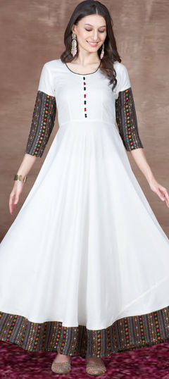 Festive, Party Wear White and Off White color Kurti in Rayon fabric with Anarkali Printed work : 1973009