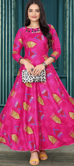 Festive, Party Wear Pink and Majenta color Kurti in Rayon fabric with Anarkali Printed work : 1973013