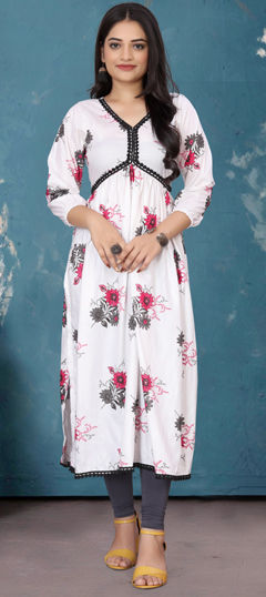 Party Wear White and Off White color Kurti in Rayon fabric with Slits Floral, Printed work : 1973014