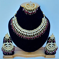 Gold Rodium Polish Red and Maroon color Necklace in Metal Alloy studded with CZ Diamond, Pearl