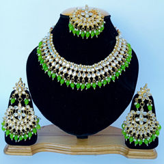 Gold Rodium Polish Green color Necklace in Metal Alloy studded with CZ Diamond, Pearl