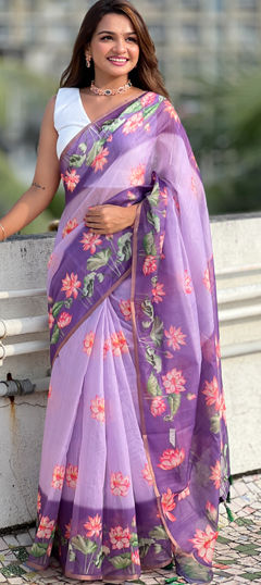 Purple and Violet color Saree in Cotton fabric with Digital Print work