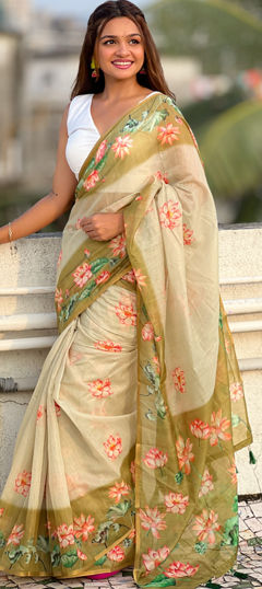 Green color Saree in Cotton fabric with Digital Print work