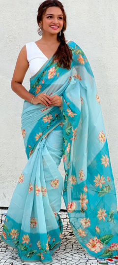 Blue color Saree in Cotton fabric with Digital Print work