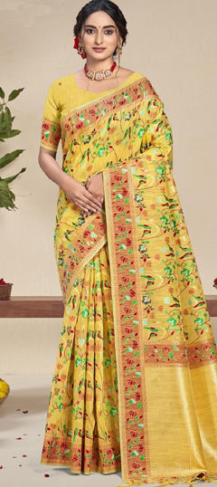 Yellow color Saree in Silk fabric with Floral, Printed work