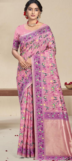 Pink and Majenta color Saree in Silk fabric with Floral, Printed work