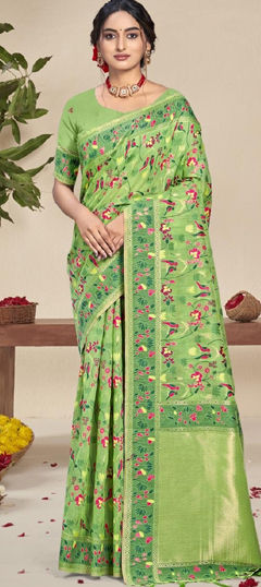 Green color Saree in Silk fabric with Floral, Printed work