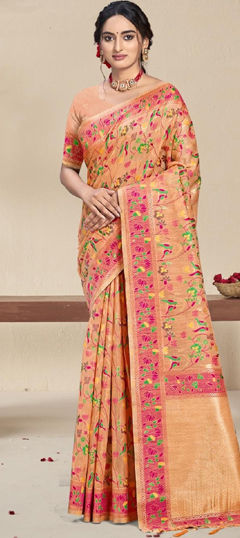 Beige and Brown color Saree in Silk fabric with Floral, Printed work