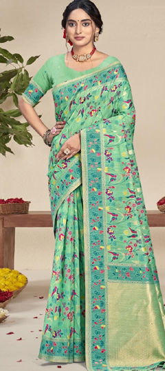 Green color Saree in Silk fabric with Floral, Printed work