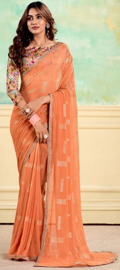 Festive, Party Wear Orange color Saree in Chiffon fabric with Classic Lace work : 1973170