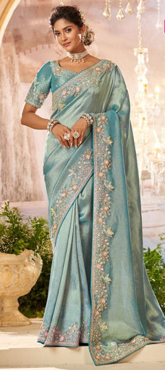 Blue color Saree in Organza Silk fabric with Embroidered, Sequence, Thread, Zari work