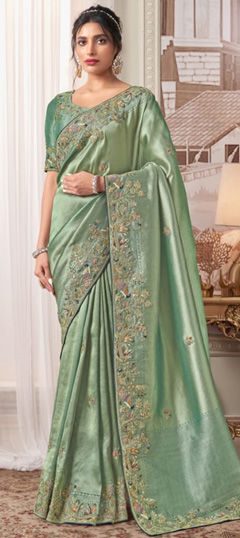 Green color Saree in Organza Silk fabric with Embroidered, Sequence, Thread, Zari work