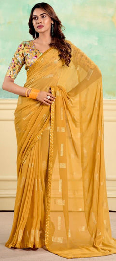 Festive, Party Wear Yellow color Saree in Chiffon fabric with Classic Lace work : 1973174