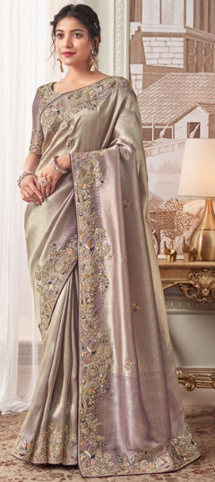 Black and Grey color Saree in Organza Silk fabric with Embroidered, Sequence, Thread, Zari work