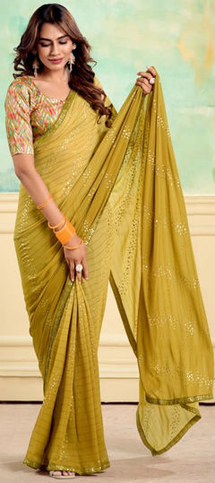 Festive, Party Wear Green color Saree in Chiffon fabric with Classic Lace work : 1973176