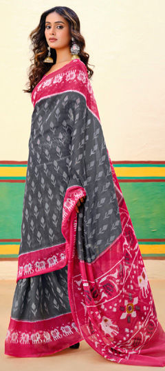 Casual, Traditional Black and Grey color Saree in Cotton fabric with Bengali Printed work : 1973197