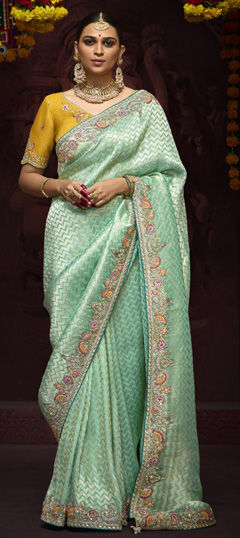 Green color Saree in Silk fabric with Embroidered, Resham, Sequence, Thread, Weaving, Zari work