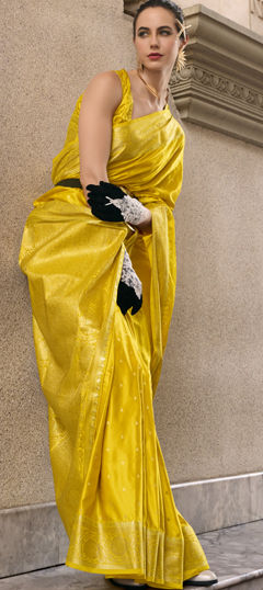 Yellow color Saree in Silk fabric with Weaving work