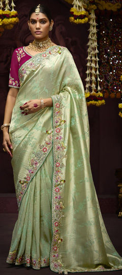 Green color Saree in Silk fabric with Embroidered, Resham, Sequence, Thread, Weaving, Zari work