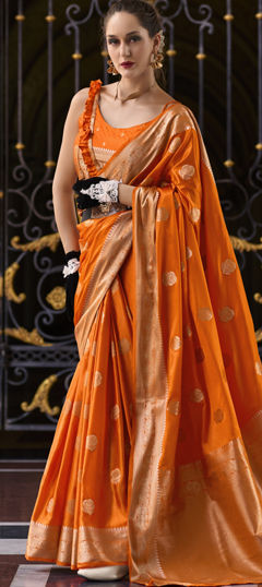 Festive, Traditional, Wedding Orange color Saree in Silk fabric with South Weaving work : 1973221