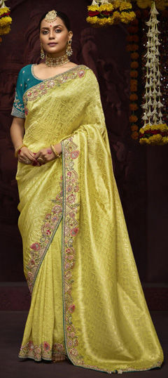 Yellow color Saree in Silk fabric with Embroidered, Resham, Sequence, Thread, Weaving, Zari work