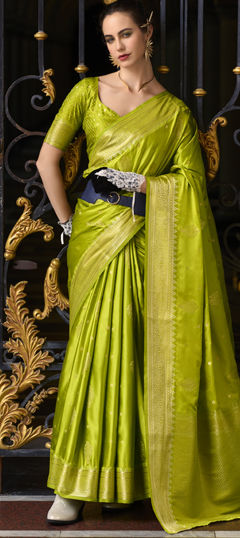 Green color Saree in Silk fabric with Weaving work