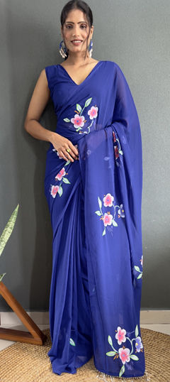 Festive, Party Wear Blue color Saree in Faux Georgette fabric with Classic Floral, Printed work : 1973233