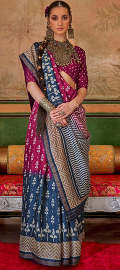 Blue, Pink and Majenta color Saree in Art Silk fabric with Printed work