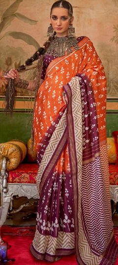 Orange, Pink and Majenta color Saree in Art Silk fabric with Printed work
