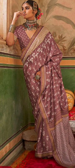 Beige and Brown color Saree in Art Silk fabric with Printed work