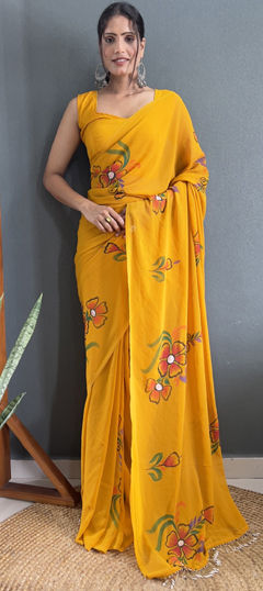 Yellow color Saree in Faux Georgette fabric with Floral, Printed work