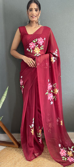 Festive, Party Wear Red and Maroon color Saree in Faux Georgette fabric with Classic Floral, Printed work : 1973243