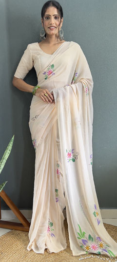 White and Off White color Saree in Faux Georgette fabric with Floral, Printed work