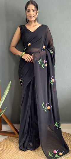 Festive, Party Wear Black and Grey color Saree in Faux Georgette fabric with Classic Floral, Printed work : 1973245