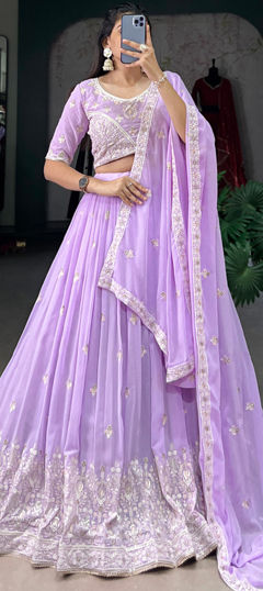 Bridal, Wedding Purple and Violet color Lehenga in Georgette fabric with Flared Embroidered, Sequence, Thread work : 1973247