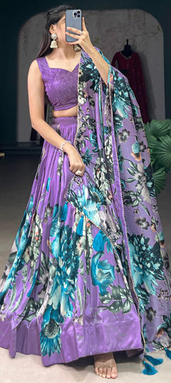 Purple and Violet color Lehenga in Tussar Silk fabric with Floral, Printed work