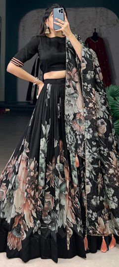 Black and Grey color Lehenga in Tussar Silk fabric with Floral, Printed work