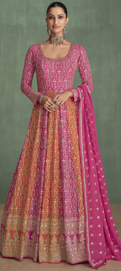 Bridal, Wedding Pink and Majenta color Gown in Georgette fabric with Bugle Beads, Embroidered, Sequence, Thread work : 1973254