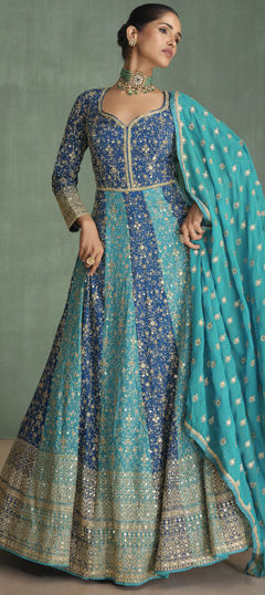 Bridal, Wedding Blue color Gown in Georgette fabric with Bugle Beads, Embroidered, Sequence, Thread work : 1973255